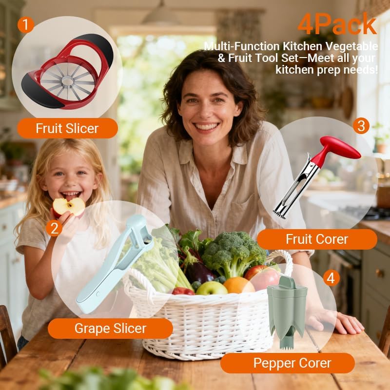 4PCS Kitchen Tool Set - Stainless Steel Fruit Slicer and Corer, Easy to Use and Clean, Suitable for Apples, Pears, Grapes and Peppers, Essential for Preparing Vegetable Salads and Coring Fruit (4 pcs)