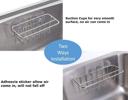 Sink Caddy Sponge Holder for Kitchen Sink Dish Cloth Hanger 2 Suspension Options(Suction Cups and Adhesive Hook), SUS304 Stainless Steel, Silver