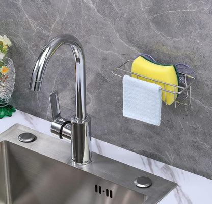 Sink Caddy Sponge Holder for Kitchen Sink Dish Cloth Hanger 2 Suspension Options(Suction Cups and Adhesive Hook), SUS304 Stainless Steel, Silver