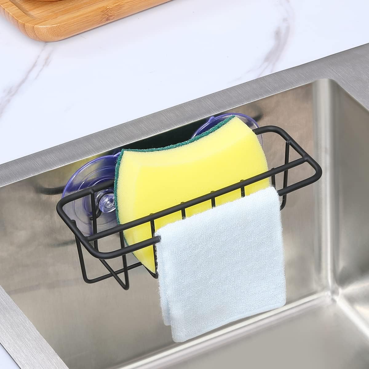 Sink Caddy Sponge Holder for Kitchen Sink Dish Cloth Hanger 2 Suspension Options(Suction Cups and Adhesive Hook), SUS304 Stainless Steel, Silver