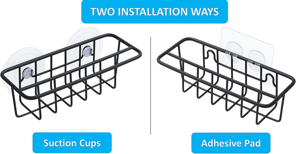 Sink Caddy Sponge Holder for Kitchen Sink Dish Cloth Hanger 2 Suspension Options(Suction Cups and Adhesive Hook), SUS304 Stainless Steel, Silver