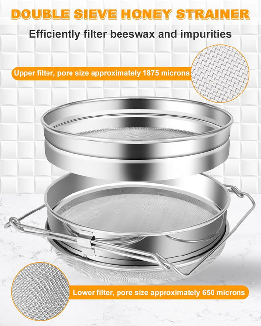 Stainless Steel Honey Strainer, Double Sieve Honey Filter, Honey Filters for 5 Gallon Bucket, Honey Fine Mesh Strainer, Honey Extractor Sieve Equipment for Clean Honey with Honey Harvesting Equipment
