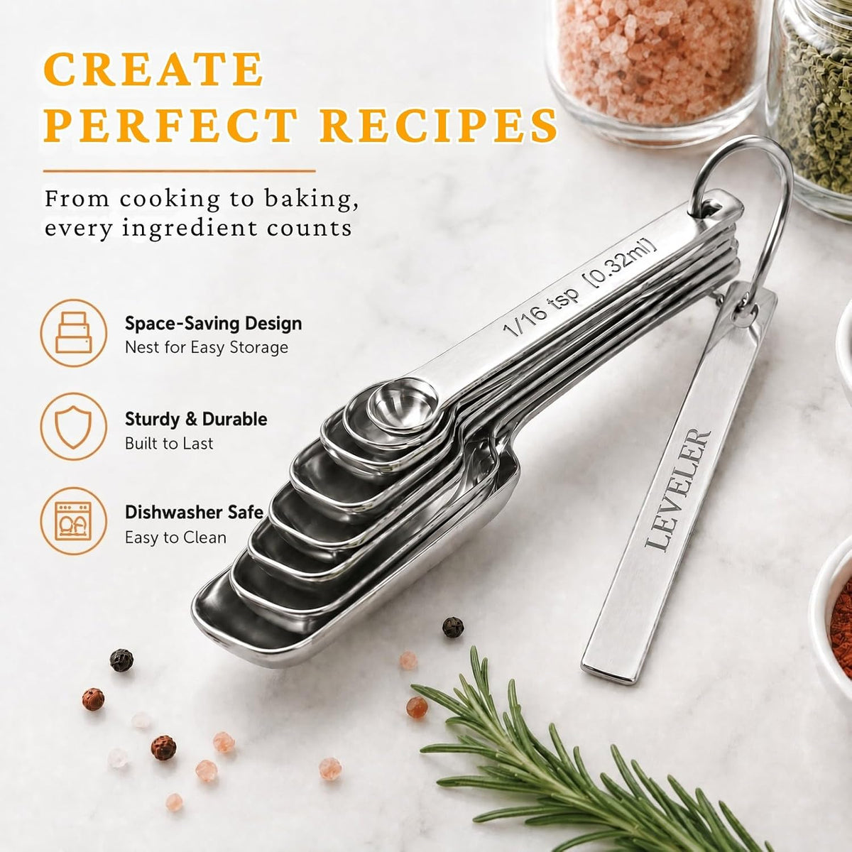 Measuring Spoons Set, 1 tbsp, 1/2 tbsp, and 1-1/16tsp Stainless Steel Measuring Spoons for Cooking Baking Spice Jars and Liquid Ingredients