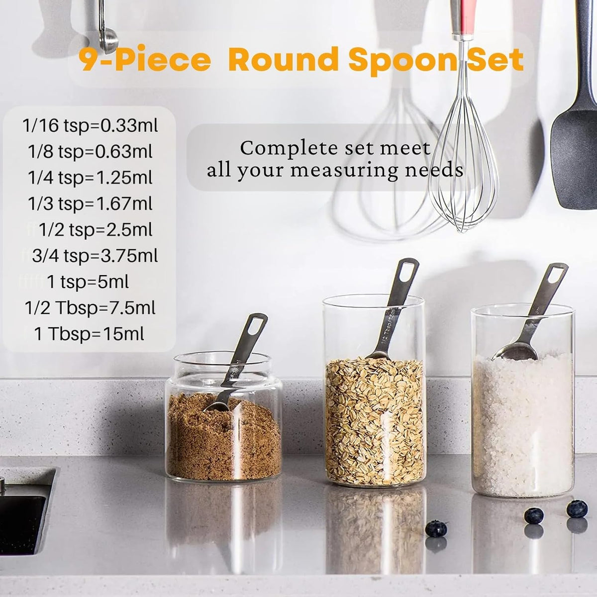Measuring Spoons Set, 1 tbsp, 1/2 tbsp, and 1-1/16tsp Stainless Steel Measuring Spoons for Cooking Baking Spice Jars and Liquid Ingredients