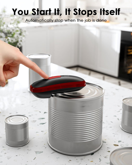 CORE Electric Can Opener_Single Touch Automatic Opener for Seniors with Arthritis, Auto Shut-off, Cordless Battery Powered, Side Cut, Smooth Edge, Handsfree for Small or Large Cans, Black+Red