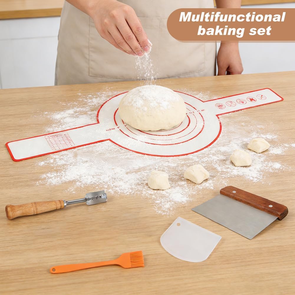 Dough Whisk with Sourdough Scoring Tool,Bread Making Tools and Baking Supplies,Sourdough Starter Kit,Bread Making Tools Kit – Includes Wooden Bench Scraper,Bread Lame,Pastry Brush