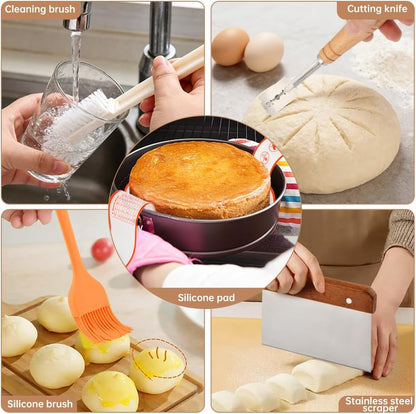Dough Whisk with Sourdough Scoring Tool,Bread Making Tools and Baking Supplies,Sourdough Starter Kit,Bread Making Tools Kit – Includes Wooden Bench Scraper,Bread Lame,Pastry Brush
