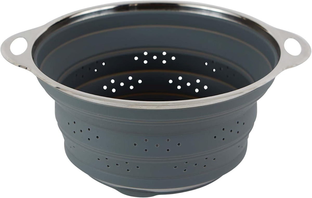Collapsible Silicone & Stainless Steel Colander, Multipurpose Kitchen Steamer Strainer, Heat Safe Up to 445°F (230°C) Collapses Flat for Compact Storage, 9.5-Inches Diameter