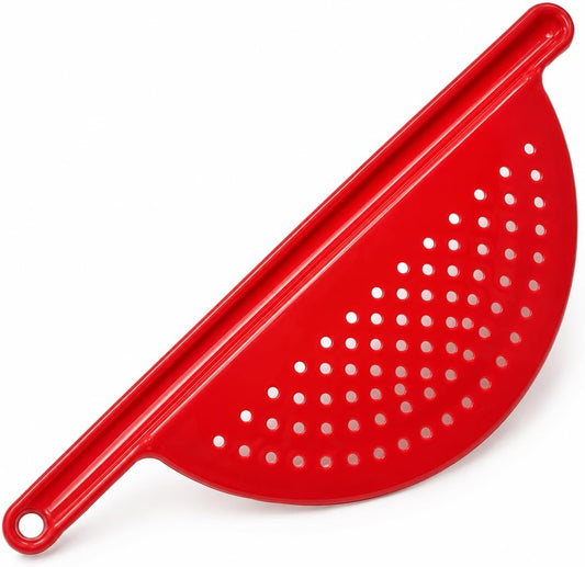Handheld Plastic Pot Drainer, Noodle & Pasta Strainer with Handle - Fits up to 9" Pots - Red