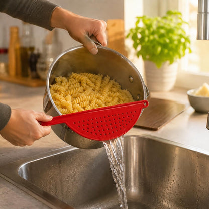Handheld Plastic Pot Drainer, Noodle & Pasta Strainer with Handle - Fits up to 9" Pots - Red