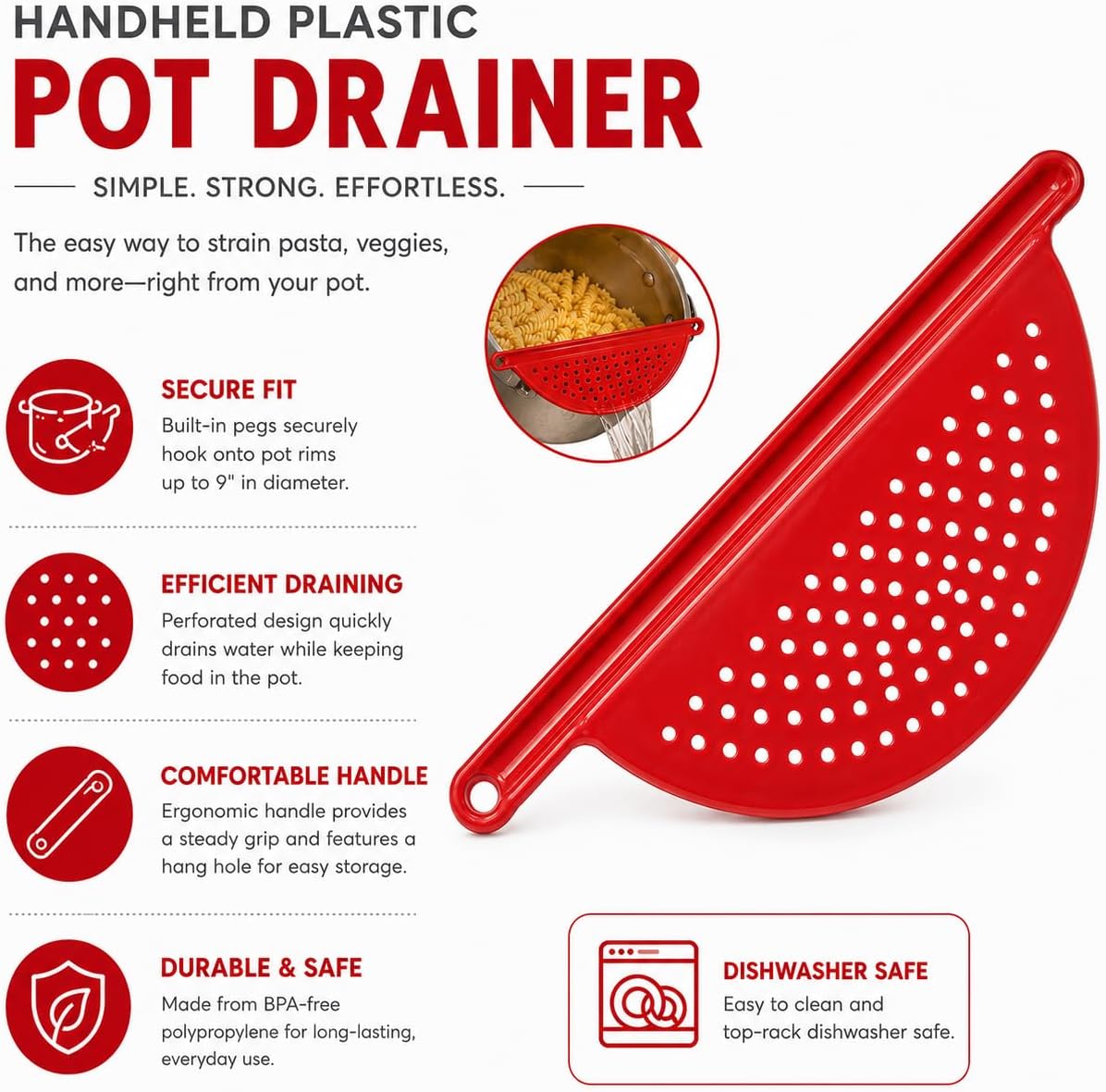 Handheld Plastic Pot Drainer, Noodle & Pasta Strainer with Handle - Fits up to 9" Pots - Red