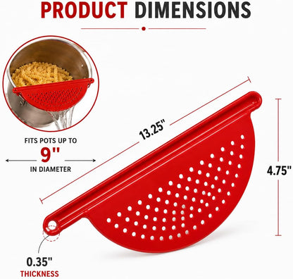 Handheld Plastic Pot Drainer, Noodle & Pasta Strainer with Handle - Fits up to 9" Pots - Red