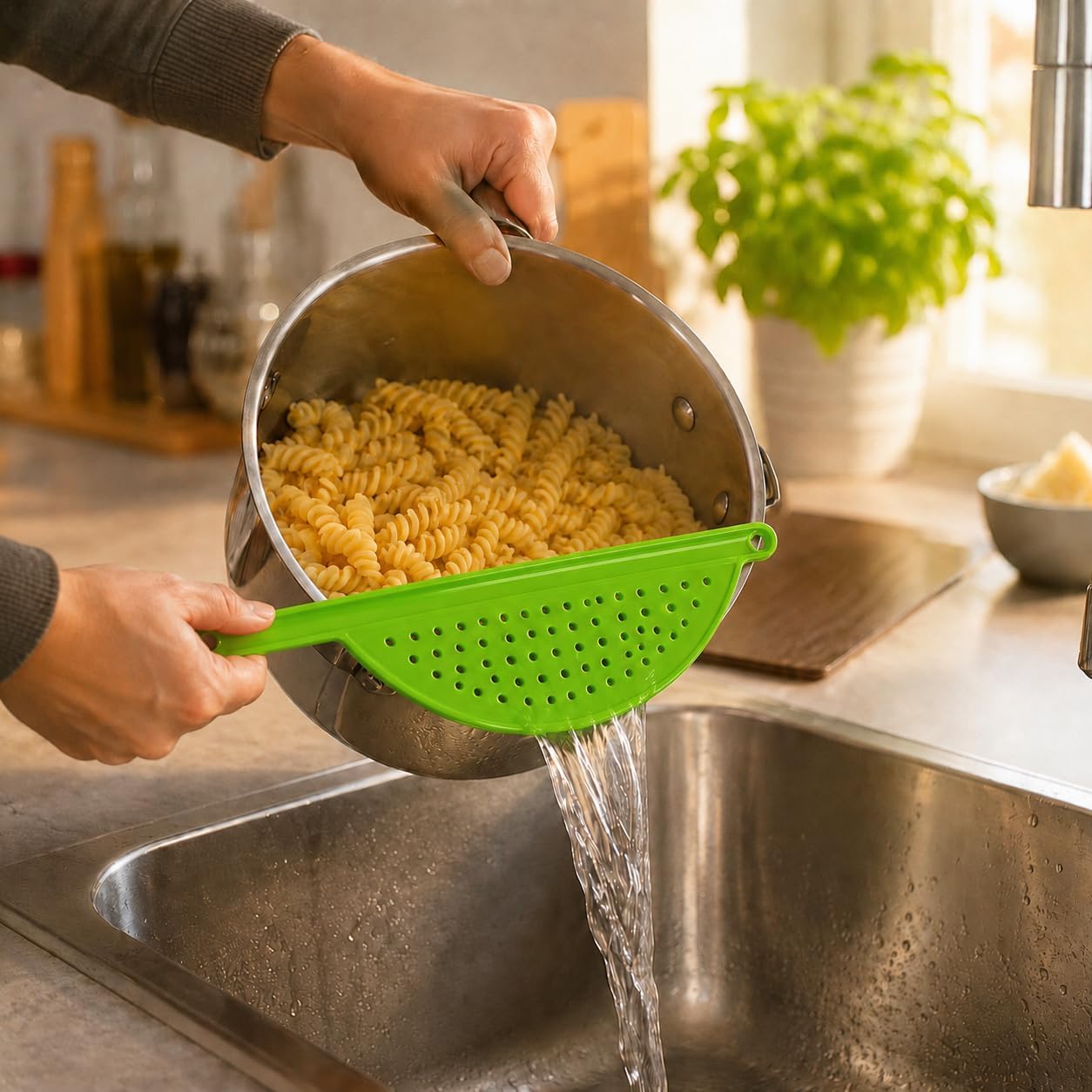 Handheld Plastic Pot Drainer, Noodle & Pasta Strainer with Handle - Fits up to 9" Pots - Red