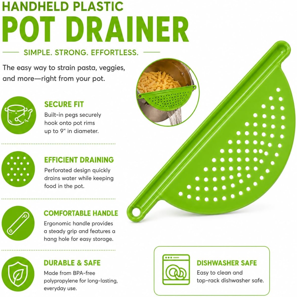 Handheld Plastic Pot Drainer, Noodle & Pasta Strainer with Handle - Fits up to 9" Pots - Red
