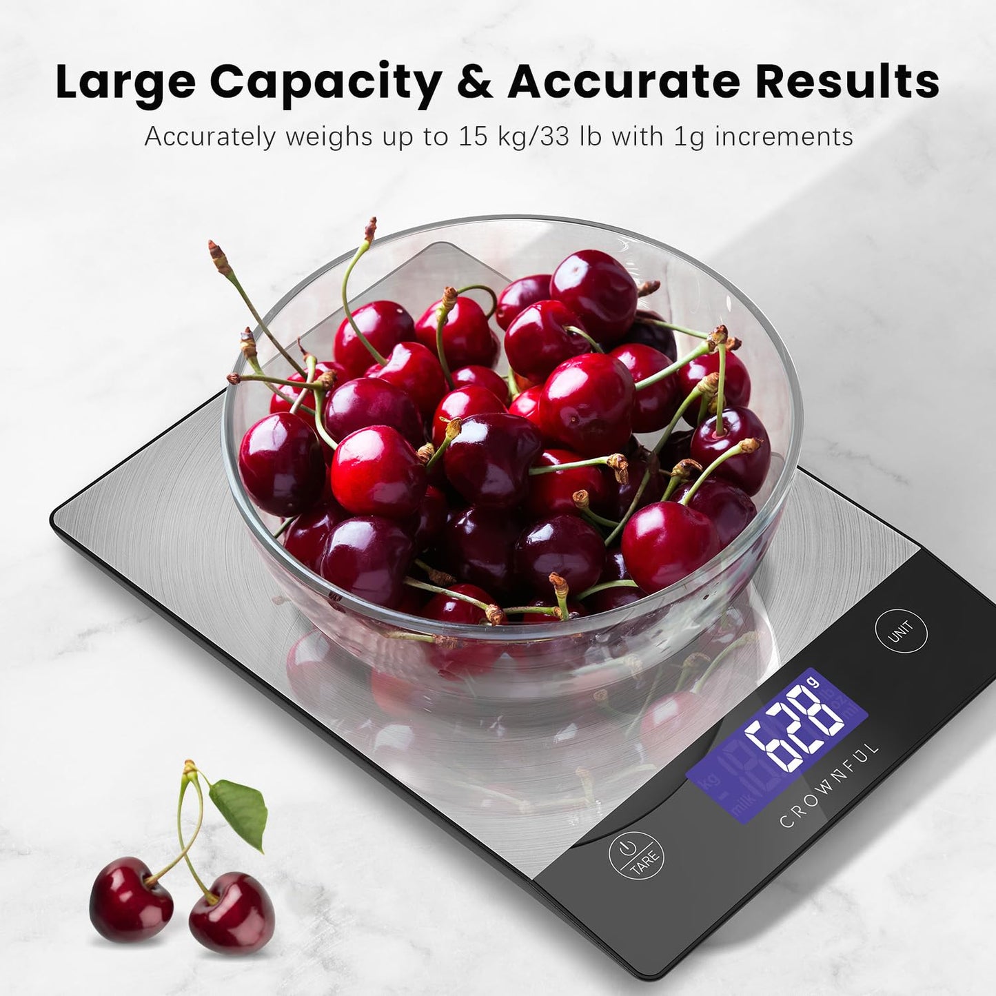 Food Scale, 33lb Rechargeable 304 Stainless Steel Digital Kitchen Scale Weight Grams and Ounces with LCD Display and Type-C Charging for Meal Prep, Baking and Cooking