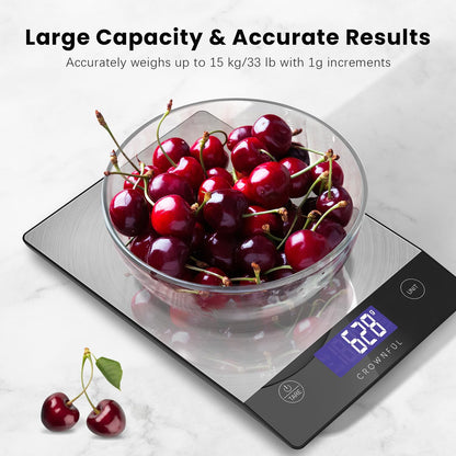 Food Scale, 33lb Rechargeable 304 Stainless Steel Digital Kitchen Scale Weight Grams and Ounces with LCD Display and Type-C Charging for Meal Prep, Baking and Cooking