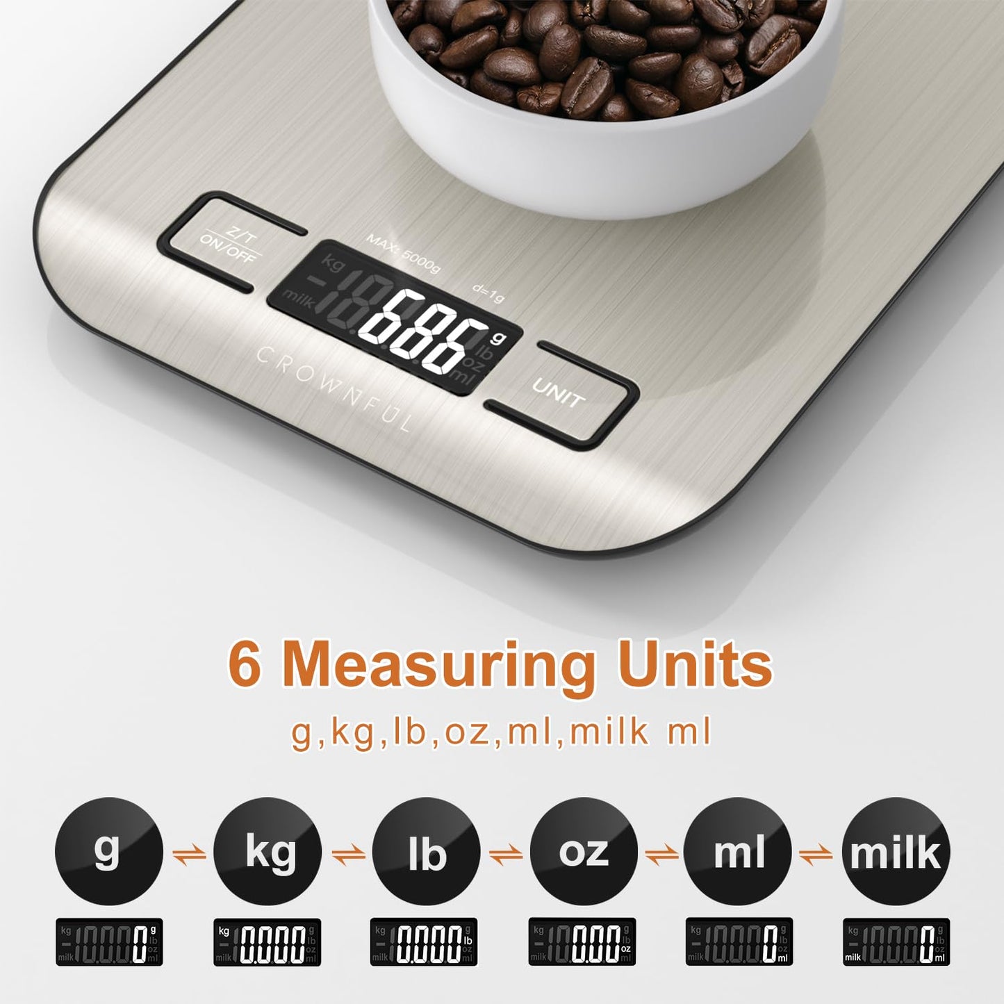 Food Scale, 33lb Rechargeable 304 Stainless Steel Digital Kitchen Scale Weight Grams and Ounces with LCD Display and Type-C Charging for Meal Prep, Baking and Cooking