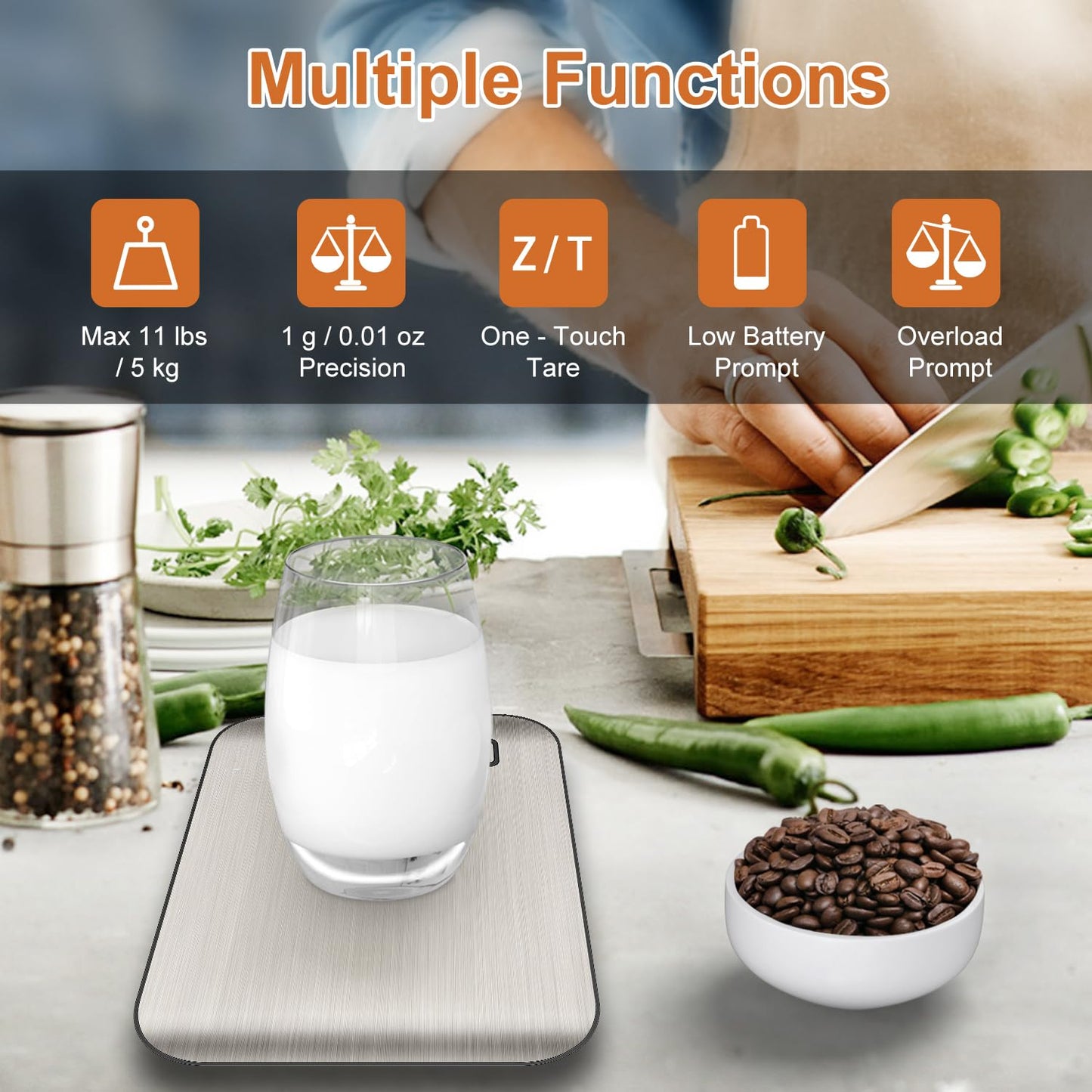 Food Scale, 33lb Rechargeable 304 Stainless Steel Digital Kitchen Scale Weight Grams and Ounces with LCD Display and Type-C Charging for Meal Prep, Baking and Cooking