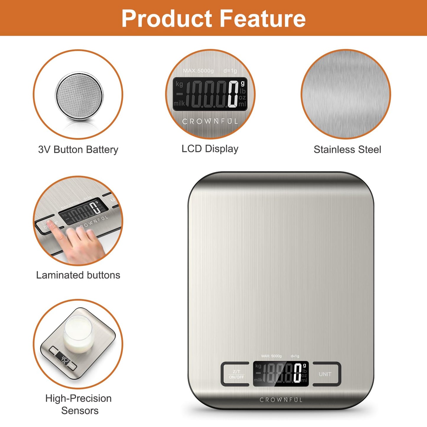Food Scale, 33lb Rechargeable 304 Stainless Steel Digital Kitchen Scale Weight Grams and Ounces with LCD Display and Type-C Charging for Meal Prep, Baking and Cooking
