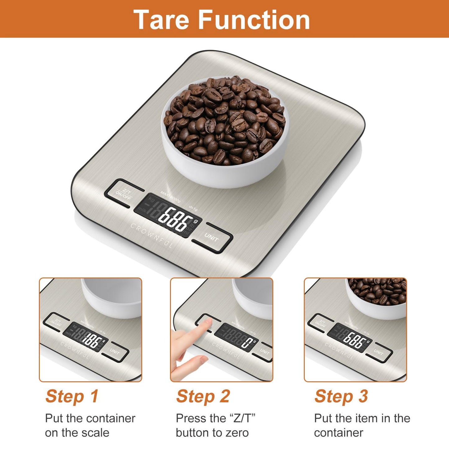 Food Scale, 33lb Rechargeable 304 Stainless Steel Digital Kitchen Scale Weight Grams and Ounces with LCD Display and Type-C Charging for Meal Prep, Baking and Cooking