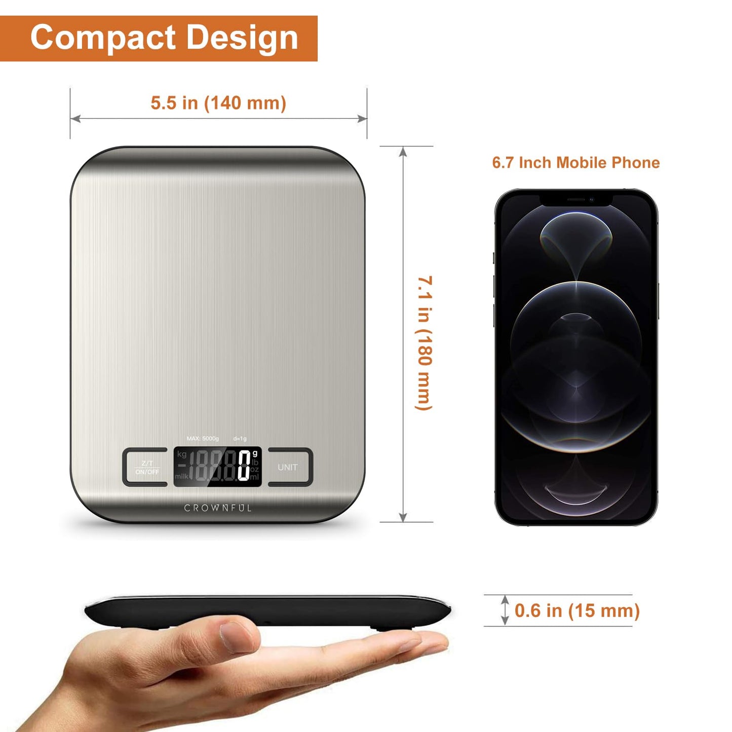 Food Scale, 33lb Rechargeable 304 Stainless Steel Digital Kitchen Scale Weight Grams and Ounces with LCD Display and Type-C Charging for Meal Prep, Baking and Cooking