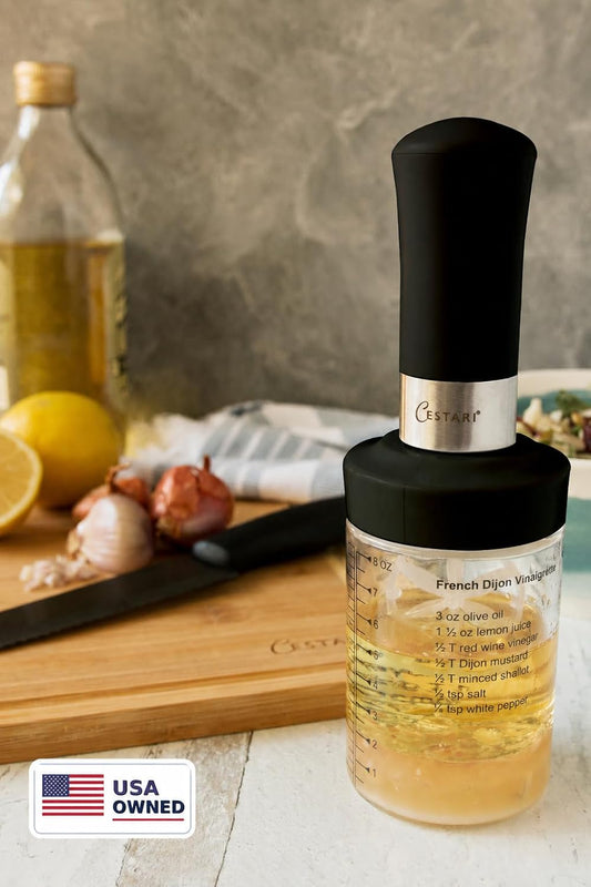 Glass Salad Dressing Bottle: Premium Borosilicate Salad Dressing Shaker with Mixer Insert | Leak Proof Salad Dressing Blender and Dispenser with Measurements and Recipes • Reusable Vinaigrette Cruet