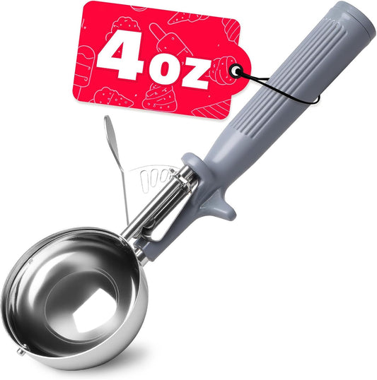 4 oz Scoop, Large Ice Cream Scoop with Trigger, #8 Disher, Muffin Scoop, Portion Scoop, Cookie Scoop for Baking, Grey Handle, for Making Ice Cream Cookie Muffin Cupcake Mashed Potato