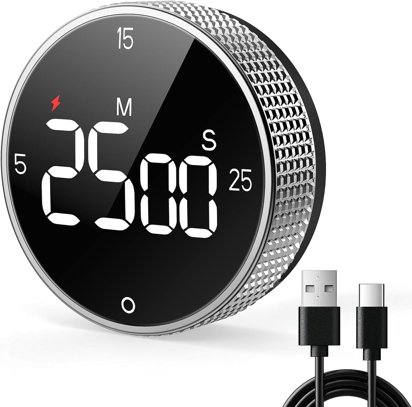 USB Rechargeable Magnetic Kitchen Timer for Cooking, Building 800mAh Battery Large Display Digital Countdown Countup Timer, 3 Preset 5/15/25 Mins Loud Alarm for Baking Grilling Studying