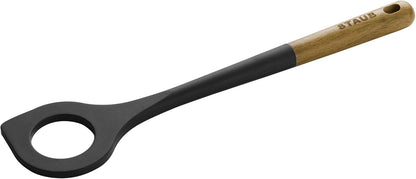 Soup Ladle, Perfect for Serving Hot Soup, Portion Batter for Pancakes, and Sauce Pasta, Durable BPA-Free Matte Black Silicone, Acacia Wood Handles, Safe for Nonstick Cooking Surfaces