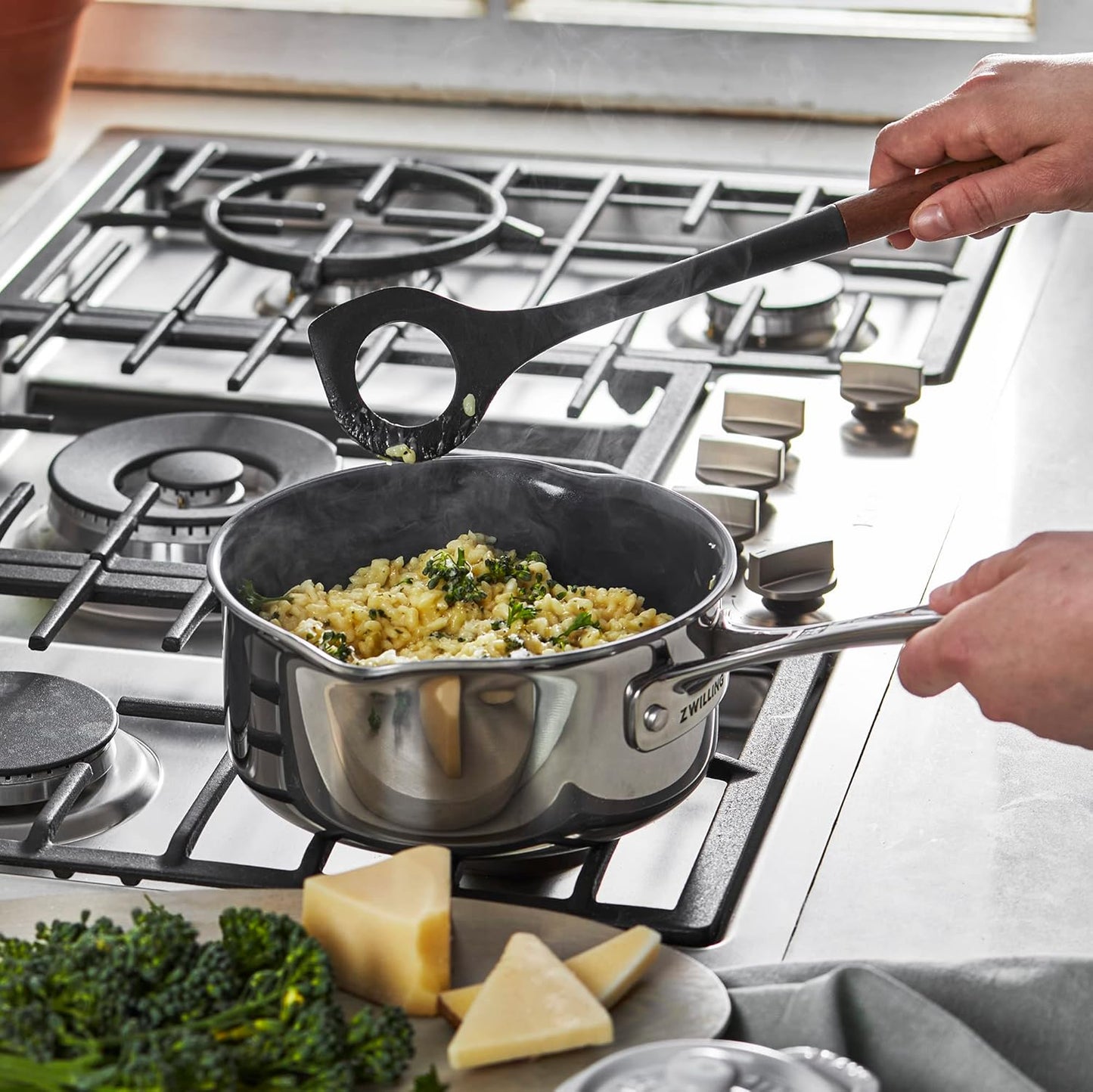 Soup Ladle, Perfect for Serving Hot Soup, Portion Batter for Pancakes, and Sauce Pasta, Durable BPA-Free Matte Black Silicone, Acacia Wood Handles, Safe for Nonstick Cooking Surfaces