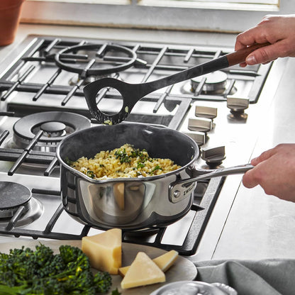 Soup Ladle, Perfect for Serving Hot Soup, Portion Batter for Pancakes, and Sauce Pasta, Durable BPA-Free Matte Black Silicone, Acacia Wood Handles, Safe for Nonstick Cooking Surfaces