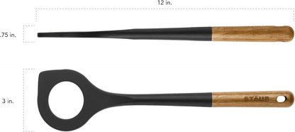 Soup Ladle, Perfect for Serving Hot Soup, Portion Batter for Pancakes, and Sauce Pasta, Durable BPA-Free Matte Black Silicone, Acacia Wood Handles, Safe for Nonstick Cooking Surfaces