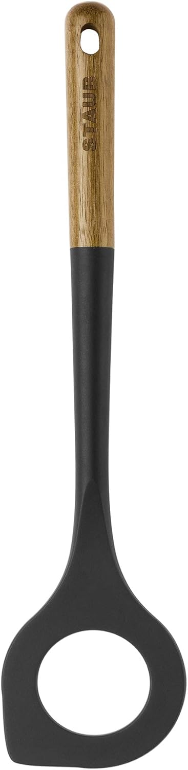 Soup Ladle, Perfect for Serving Hot Soup, Portion Batter for Pancakes, and Sauce Pasta, Durable BPA-Free Matte Black Silicone, Acacia Wood Handles, Safe for Nonstick Cooking Surfaces