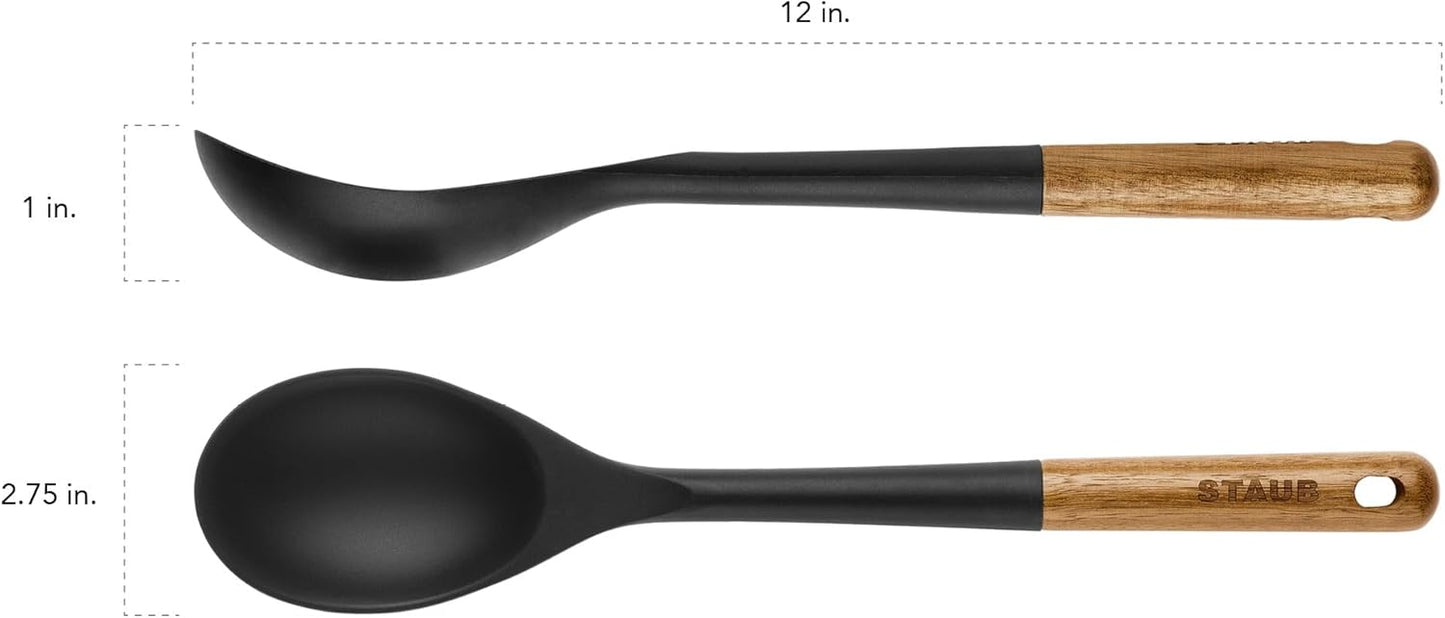Soup Ladle, Perfect for Serving Hot Soup, Portion Batter for Pancakes, and Sauce Pasta, Durable BPA-Free Matte Black Silicone, Acacia Wood Handles, Safe for Nonstick Cooking Surfaces