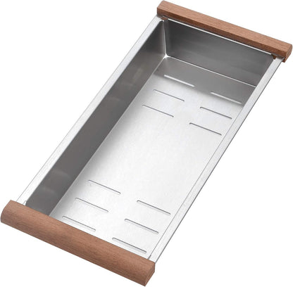 Stainless Steel Colander For Workstation Kitchen Sink (Wood Cover, 13.5 W - 7.7/8 L)