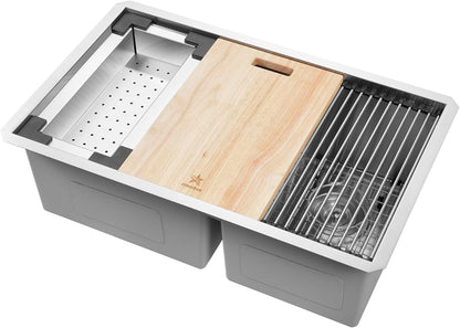 Stainless Steel Colander For Workstation Kitchen Sink (Wood Cover, 13.5 W - 7.7/8 L)