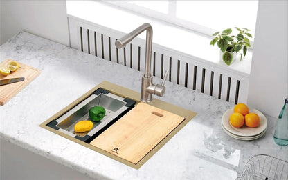 Stainless Steel Colander For Workstation Kitchen Sink (Wood Cover, 13.5 W - 7.7/8 L)