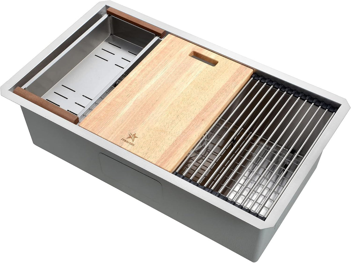 Stainless Steel Colander For Workstation Kitchen Sink (Wood Cover, 13.5 W - 7.7/8 L)