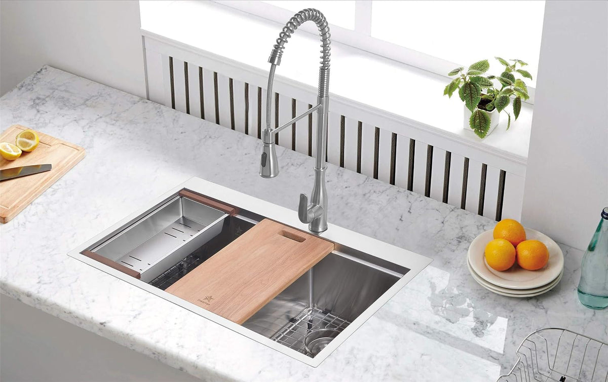 Stainless Steel Colander For Workstation Kitchen Sink (Wood Cover, 13.5 W - 7.7/8 L)