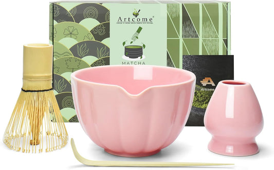 4 Pcs Japanese Matcha Tea Set - Matcha Bowl with Pouring Spout, Matcha Whisk, Tea Scoop, Whisk Holder, Handmade Matcha Ceremony Kit For Japanese Tea Ceremony, Rose