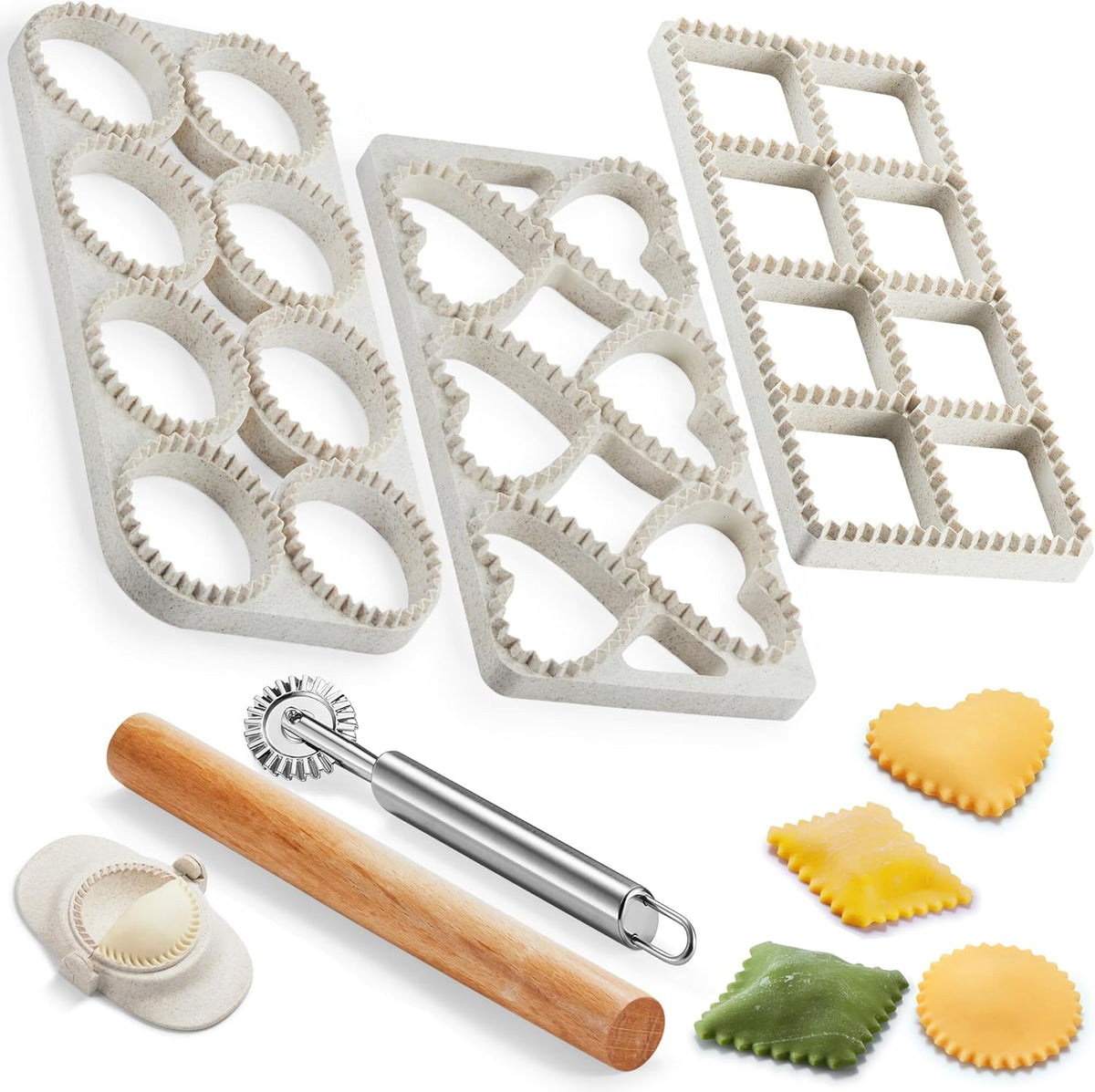 Ravioli Maker Press, Ravioli Cutter, 3-Shape Mold, 2.6-Inch Empanada Press | 3-shape ravioli mold for round, heart and square pasta, 2.6-inch dumpling maker, cutter wheel, rolling pin and brush