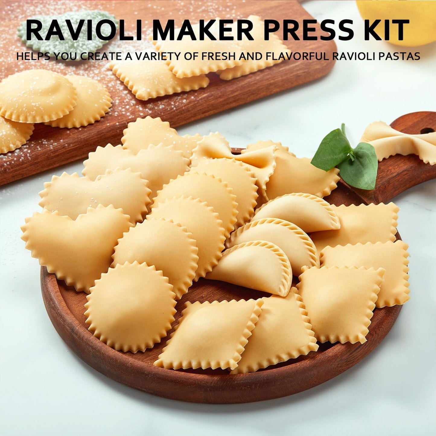 Ravioli Maker Press, Ravioli Cutter, 3-Shape Mold, 2.6-Inch Empanada Press | 3-shape ravioli mold for round, heart and square pasta, 2.6-inch dumpling maker, cutter wheel, rolling pin and brush