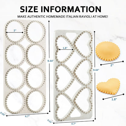 Ravioli Maker Press, Ravioli Cutter, 3-Shape Mold, 2.6-Inch Empanada Press | 3-shape ravioli mold for round, heart and square pasta, 2.6-inch dumpling maker, cutter wheel, rolling pin and brush