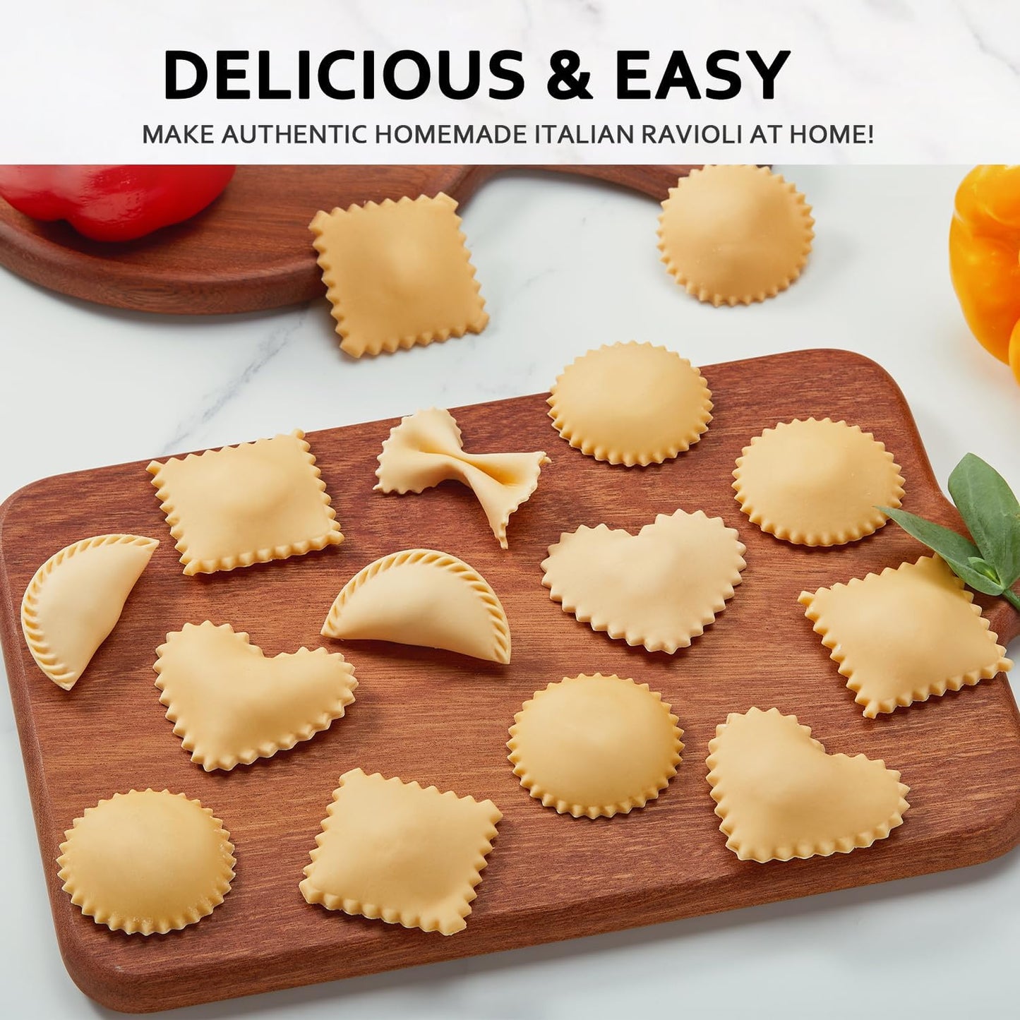 Ravioli Maker Press, Ravioli Cutter, 3-Shape Mold, 2.6-Inch Empanada Press | 3-shape ravioli mold for round, heart and square pasta, 2.6-inch dumpling maker, cutter wheel, rolling pin and brush