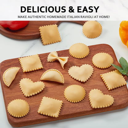 Ravioli Maker Press, Ravioli Cutter, 3-Shape Mold, 2.6-Inch Empanada Press | 3-shape ravioli mold for round, heart and square pasta, 2.6-inch dumpling maker, cutter wheel, rolling pin and brush
