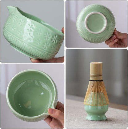 Matcha Whisk Set, Ceramic Matcha Kit Set with Bowl & Tools, Green