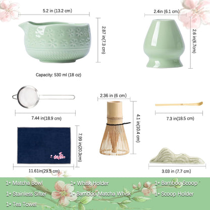 Matcha Whisk Set, Ceramic Matcha Kit Set with Bowl & Tools, Green