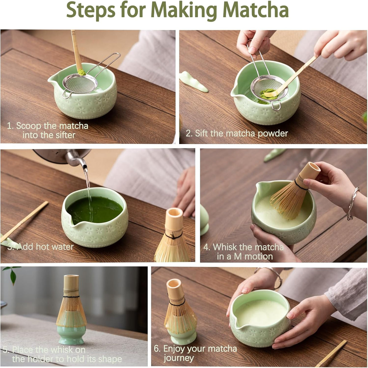 Matcha Whisk Set, Ceramic Matcha Kit Set with Bowl & Tools, Green