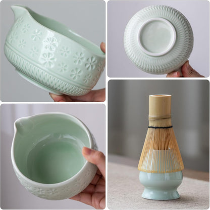 Matcha Whisk Set, Ceramic Matcha Kit Set with Bowl & Tools, Green
