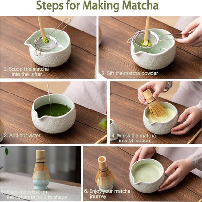 Matcha Whisk Set, Ceramic Matcha Kit Set with Bowl & Tools, Green